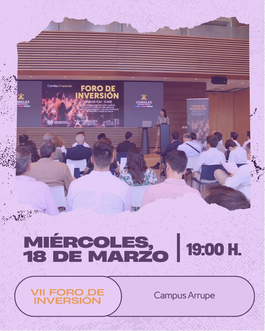 Cartel del VII Foro de Inversión en la Biblioteca de Comillas, con fecha 18 de marzo a las 19:00 horas.