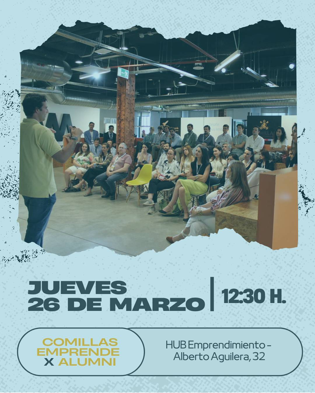 Presentación en aula universitaria con asistentes en evento de emprendimiento para alumni en HUB Emprendimiento, Madrid.