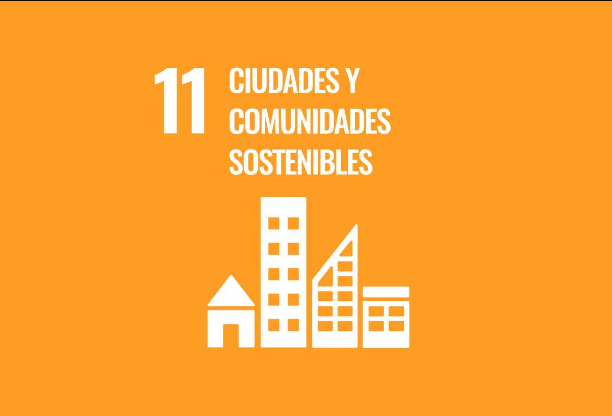 Alt: Icono de 11 ciudades y comunidades sostenibles, Objetivo de Desarrollo Sostenible de la ONU, en fondo naranja