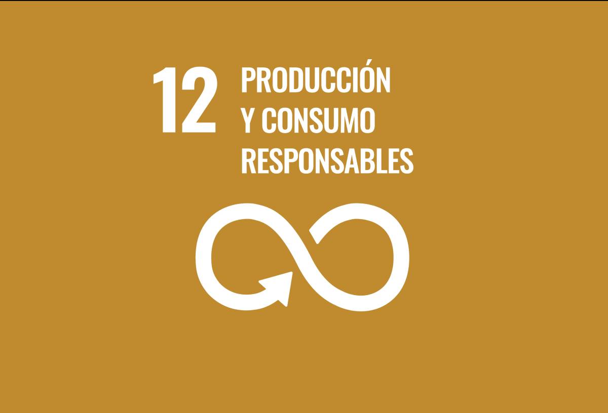 Objetivo de desarrollo sostenible 12 producción y consumo responsables, icono de infinito en color blanco sobre fondo marrón.