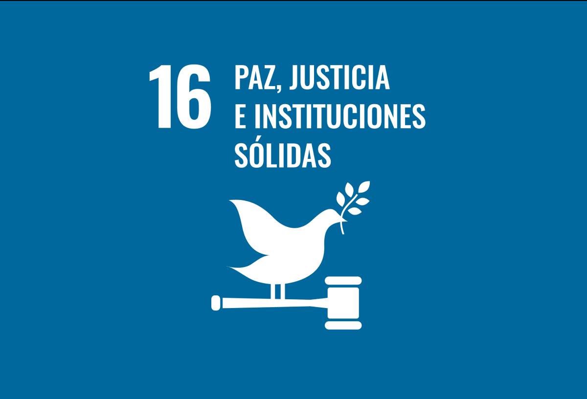 Icono del objetivo de desarrollo sostenible 16: paz, justicia e instituciones sólidas con paloma y mazo judicial sobre fondo azul.