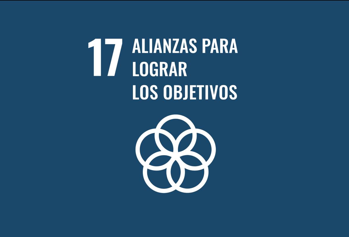Gráfico con texto "17 alianzas para lograr los objetivos" y símbolo de entrelazados en color blanco sobre fondo azul oscuro.