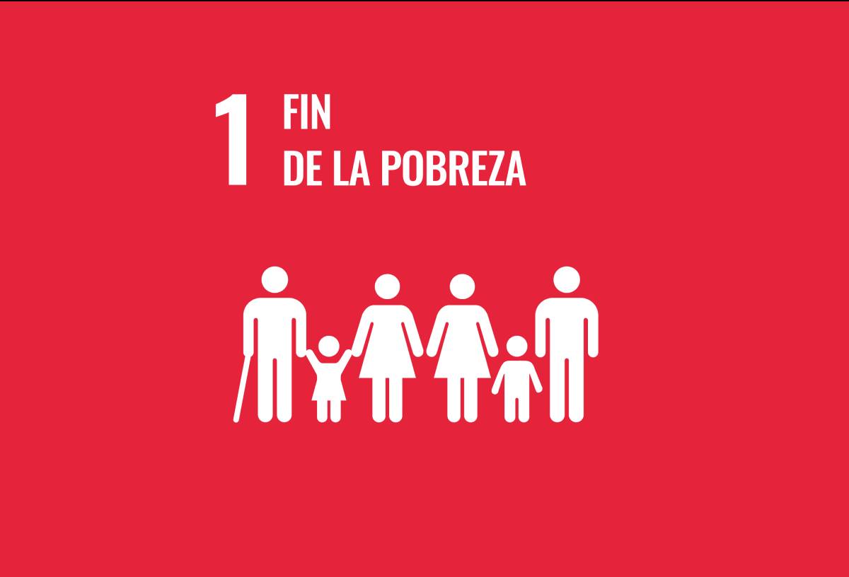 Fin de la pobreza - Icono de una familia con dos adultos y dos niños en estilo pictograma sobre fondo rojo