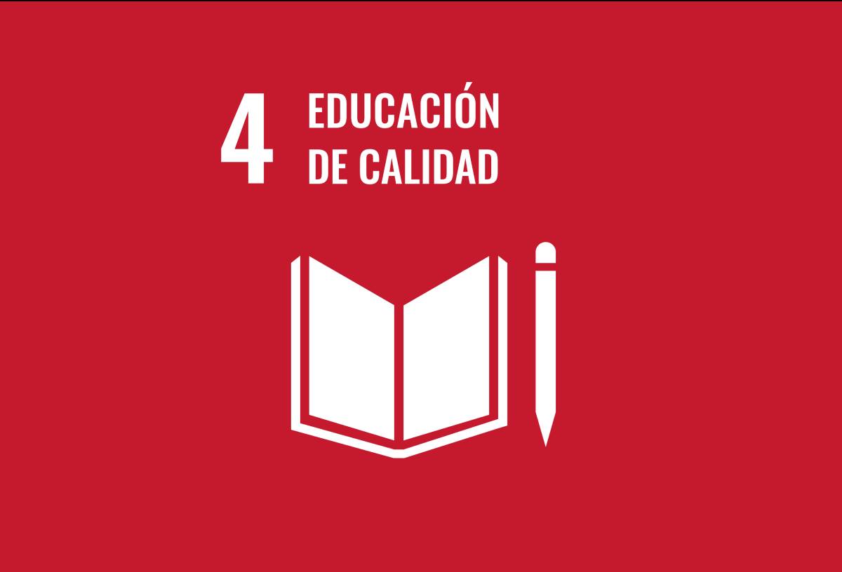 Icono de educación de calidad, Objetivo 4 de desarrollo sostenible, libro abierto y lápiz sobre fondo rojo.