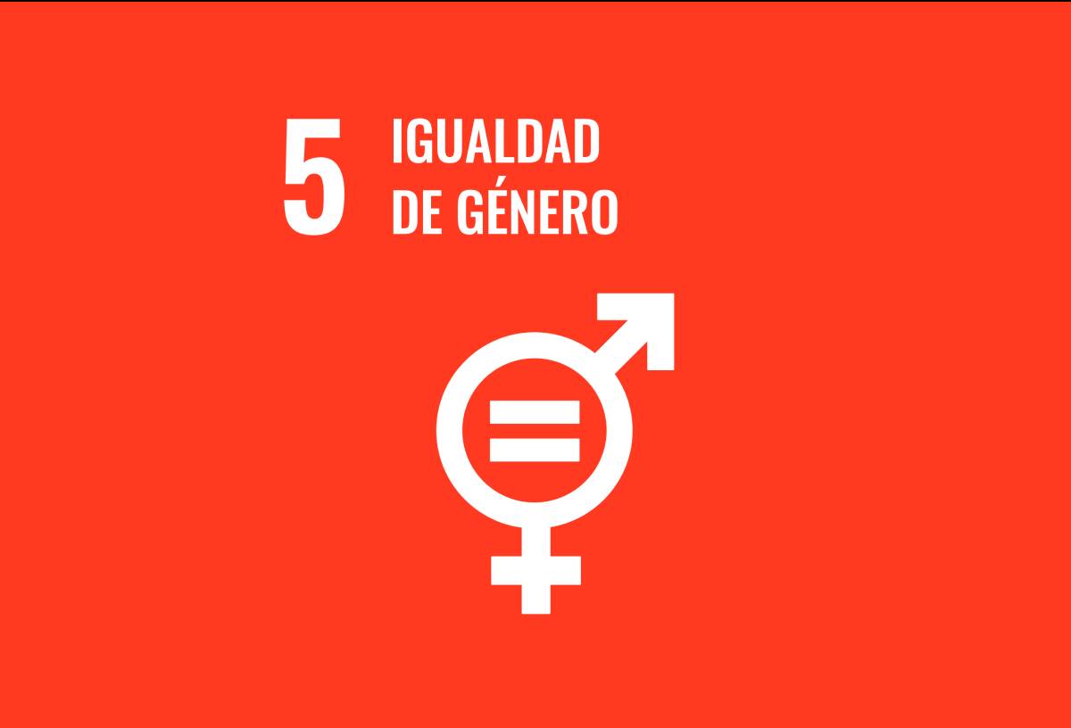 Icono del ODS 5 de igualdad de género con fondo rojo y texto "Igualdad de género"
