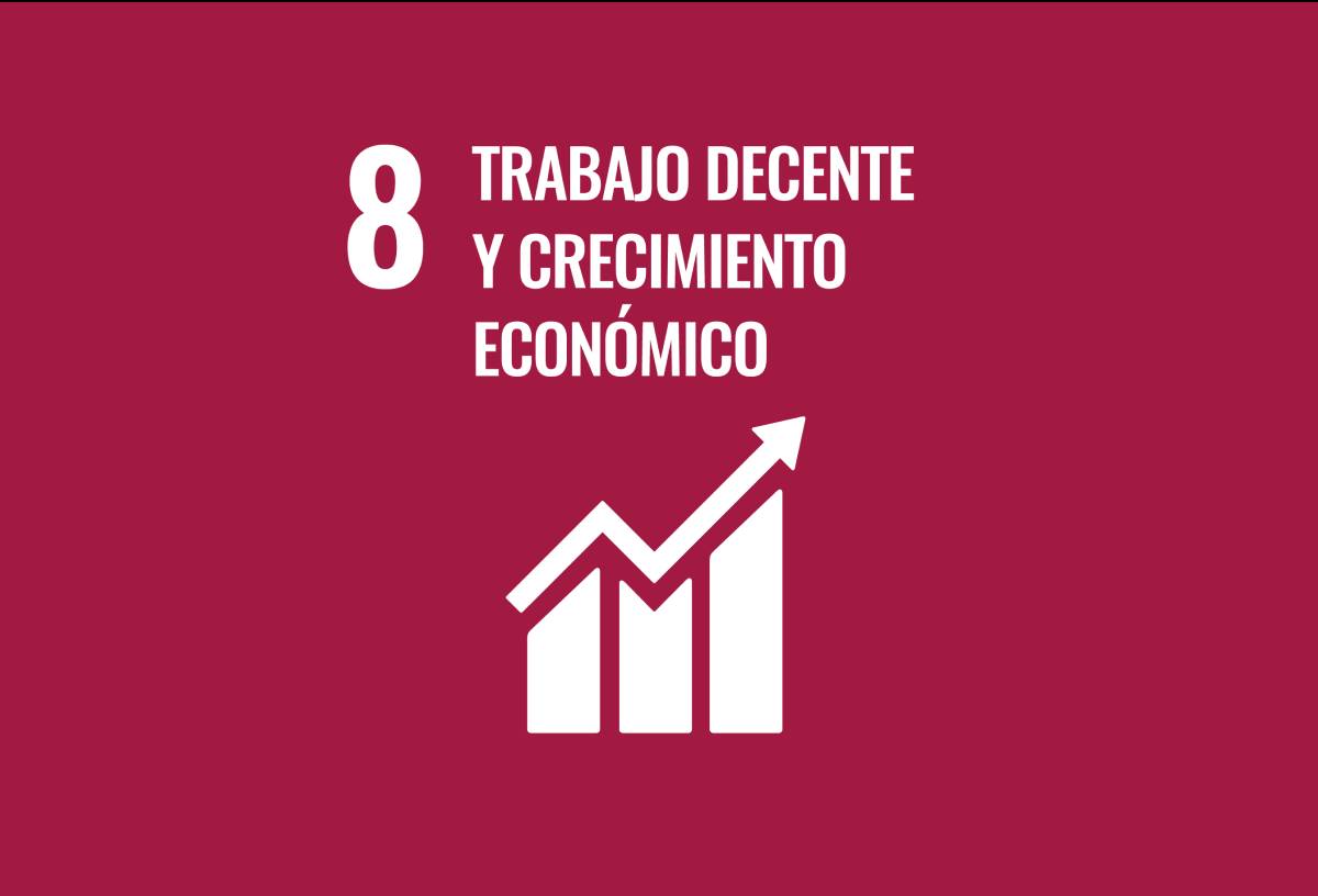 Meta 8 de los Objetivos de Desarrollo Sostenible de la ONU: trabajo decente y crecimiento económico, icono de gráfico con tendencia ascendente.