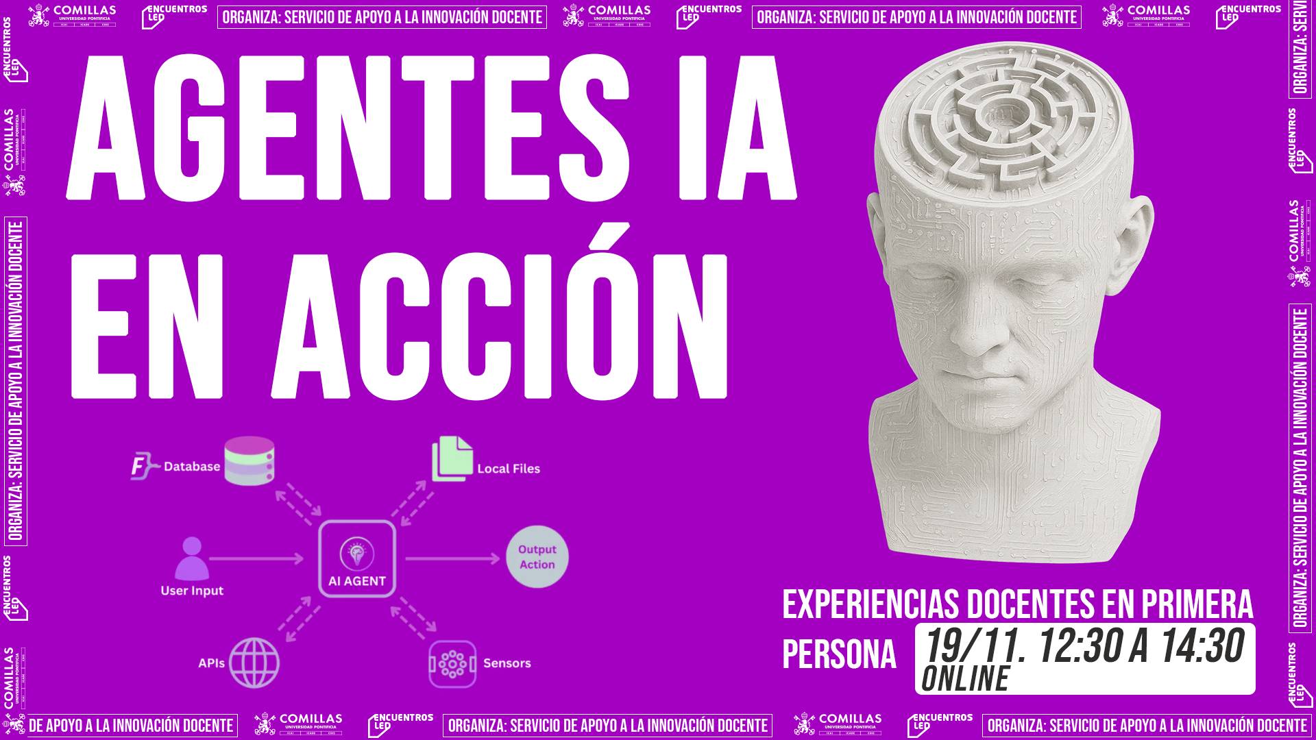 Cartel de evento sobre agentes IA en acción en Comillas con detalles de fecha, hora y temática en línea.