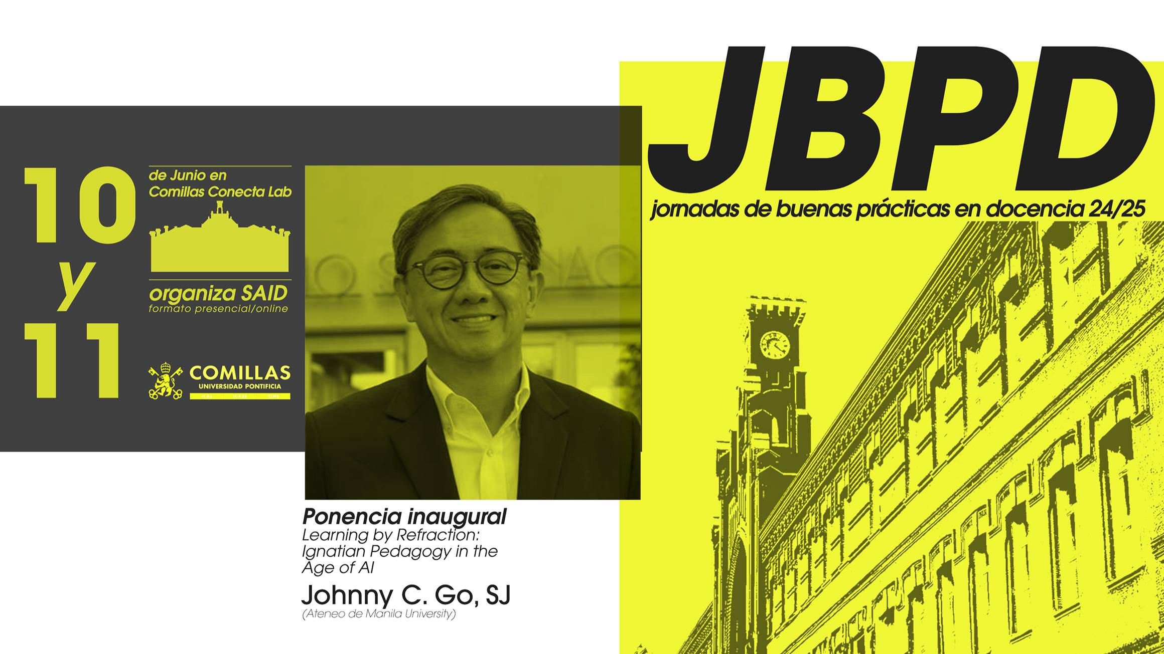 Póster del evento JBP Jornada de buenas prácticas en docencia en Comillas con charla inaugural de Johnny C. Go, SJ.