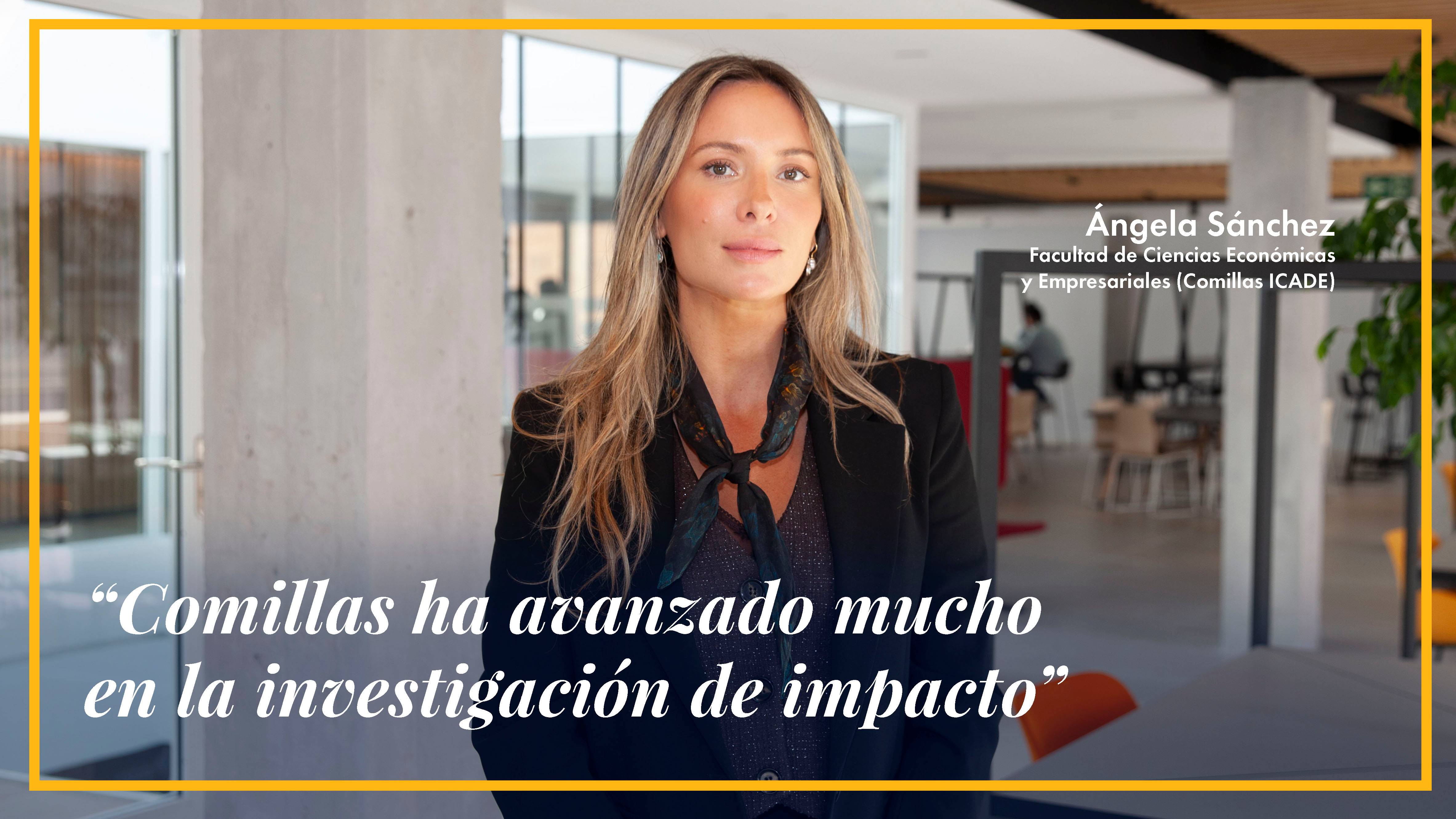 Imagen de una mujer en un entorno moderno de oficina o aula, con texto sobre impacto en investigación, y sujeta a la facultad de Ciencias Económicas y Empresariales en la Universidad Comillas.