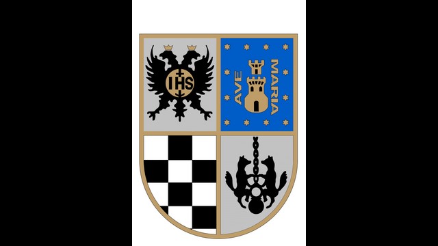 Escudo heráldico con cuatro secciones que representan distintos símbolos.