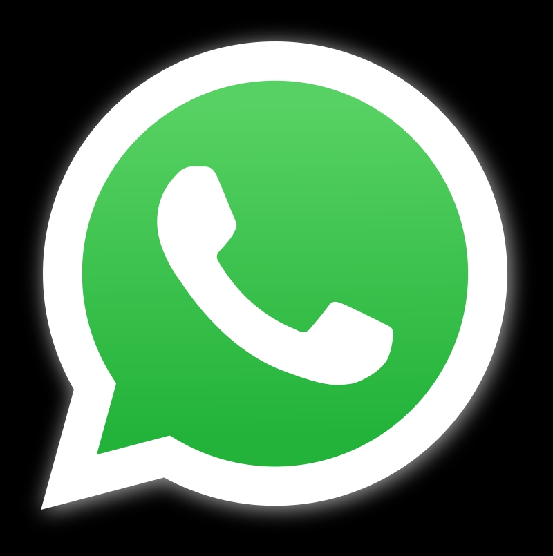 A digital icon of WhatsApp, characterized by a white telephone handset inside a green speech bubble on a black background.