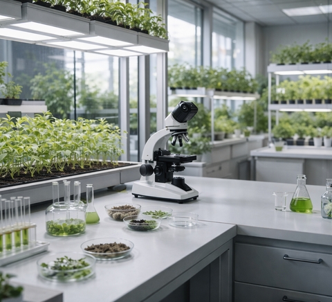 Un laboratorio con plantas en crecimiento y un microscopio en una mesa.
