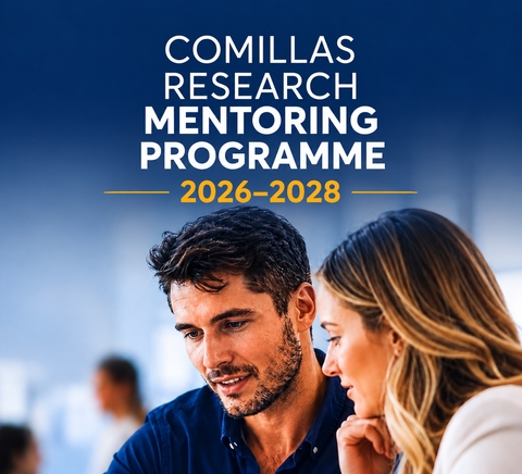 La imagen muestra a dos personas conversando en el contexto del programa de mentorización de investigación de Comillas.