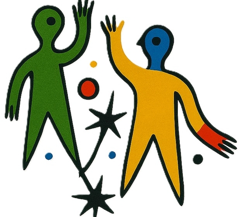 La imagen muestra dos figuras humanas de colores brillantes con formas estilizadas que parecen saludarse.