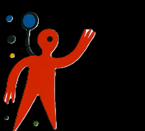 Una figura humana estilizada en color rojo levanta la mano sobre un fondo negro con varios círculos de diferentes colores a su alrededor.