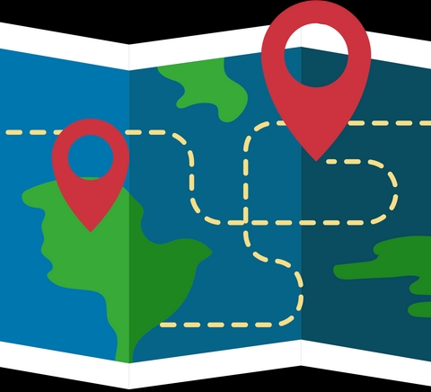 Un mapa ilustrado con dos marcadores que indican ubicaciones y un camino punteado.