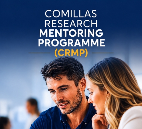 La imagen muestra a un hombre y una mujer conversando en un entorno de oficina, con énfasis en un programa de mentoría en investigación.