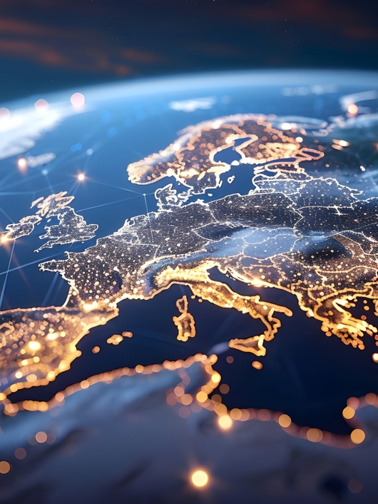 Imagen de la Tierra centrada en Europa iluminada en la oscuridad con conexiones de red.