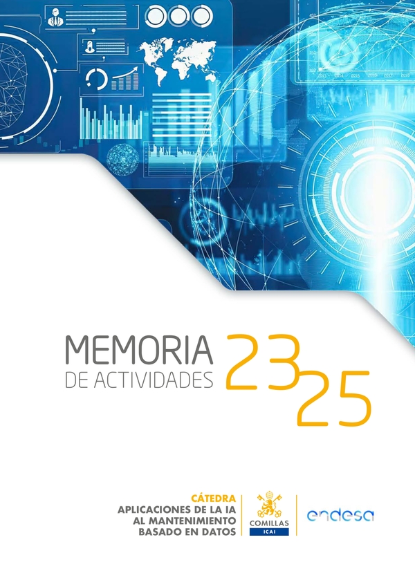 Portada de un documento titulado 'Memoria de Actividades 23-25' con un diseño tecnológico.
