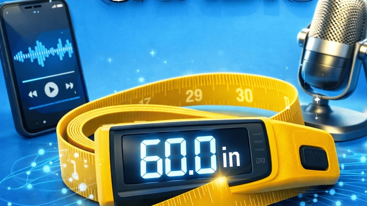 La imagen muestra un metro con la medida de 60.0 pulgadas, un teléfono móvil, un micrófono y un fondo azul.