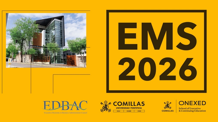Imagen promocional del evento EMS 2026 con un edificio moderno y vegetación en el fondo.