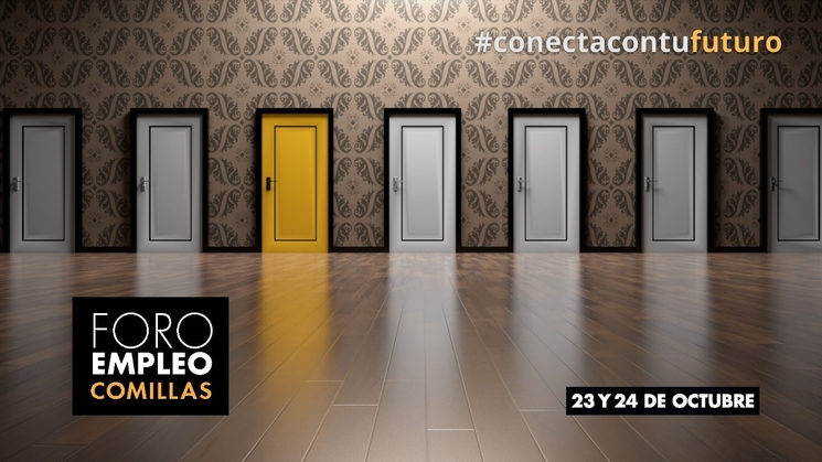 A hallway featuring multiple doors with one distinct yellow door, decorated with patterned wallpaper and an advertisement for a job fair event titled 'FORO EMPLEO COMILLAS' with dates and a hashtag.