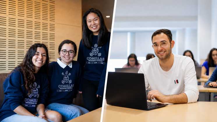 Un grupo de estudiantes sonrientes se encuentra en un ambiente académico moderno.