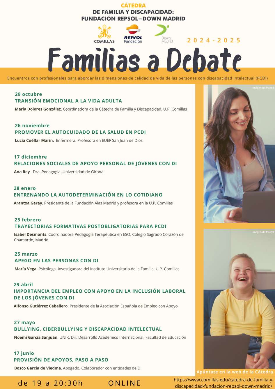 A poster for a series of events titled 'Familias a Debate' organized by Fundación Repsol - Down Madrid, featuring dates and topics for discussions on intellectual disability, and images of two smiling women.