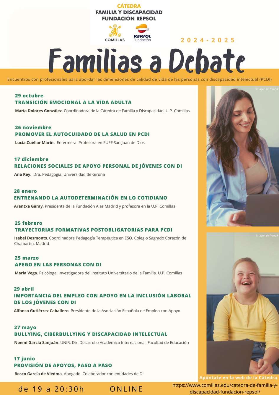 A promotional poster for a series of discussions titled 'Familias a Debate' focusing on issues related to intellectual disabilities, featuring images of two women smiling.