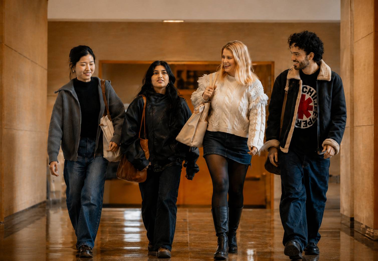 Un grupo de cuatro personas camina juntas por un pasillo con una actitud amigable.