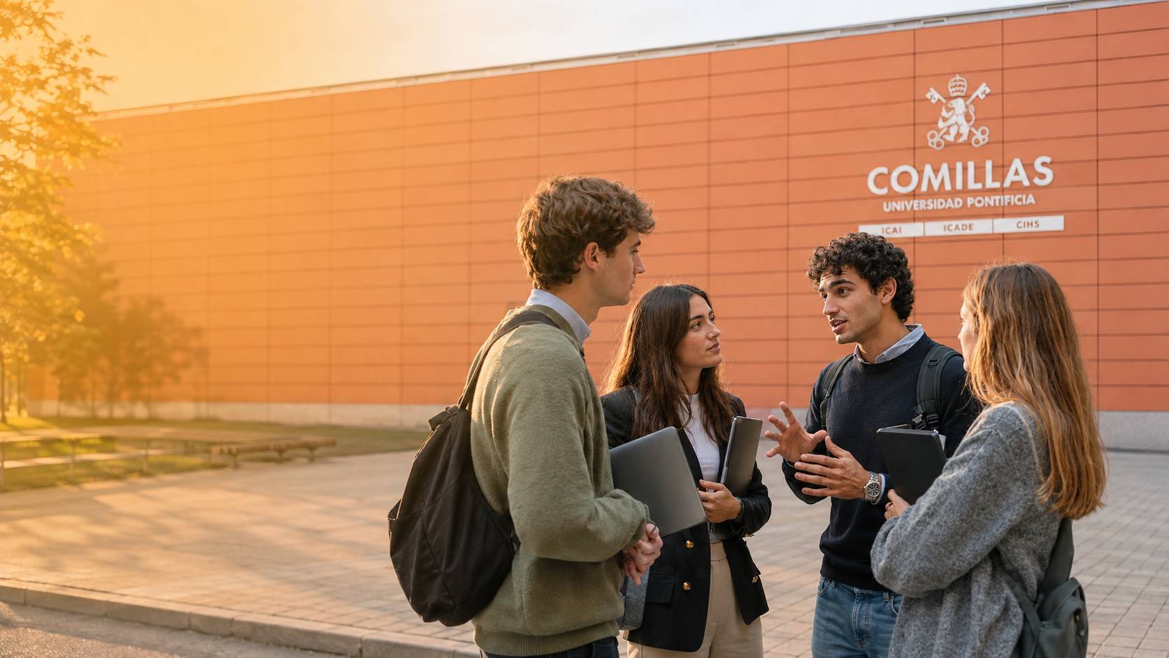 Un grupo de cuatro estudiantes conversan frente a la Universidad Pontificia Comillas en un día soleado.