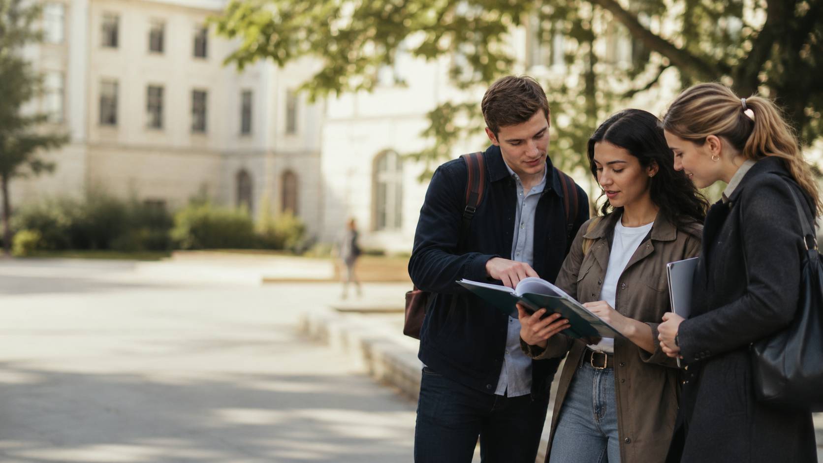 Tres jóvenes revisan un libro en un entorno académico al aire libre.