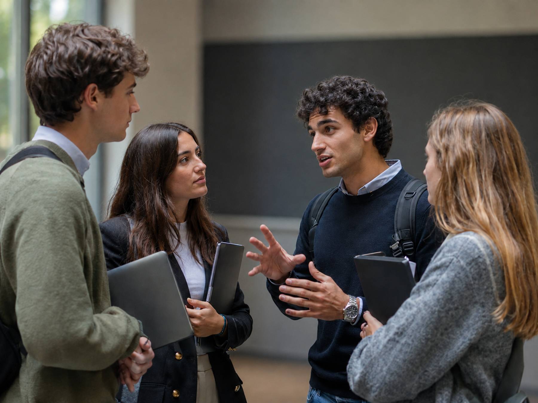 Un grupo de estudiantes discutiendo animadamente en un aula.