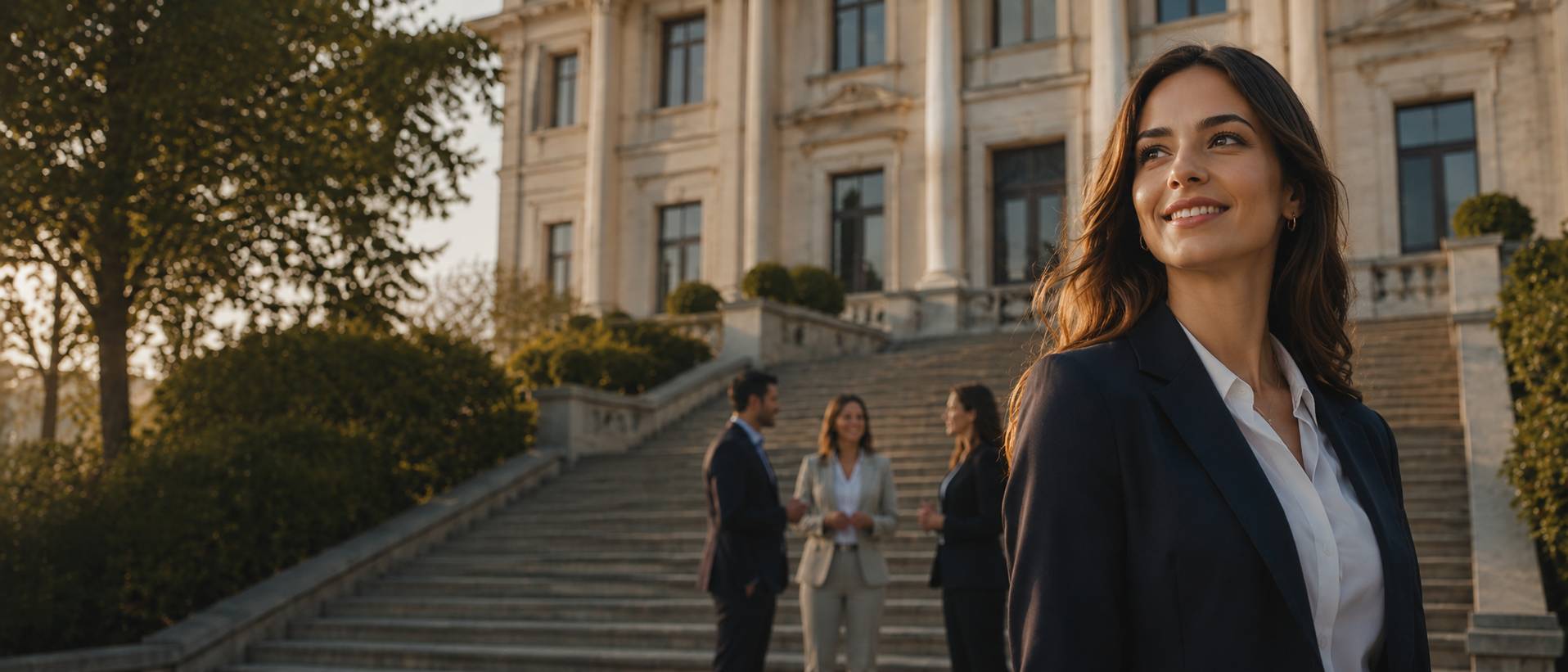 Una mujer sonriente vestida de traje profesional posa frente a un edificio elegante mientras hay otros profesionales conversando detrás de ella.