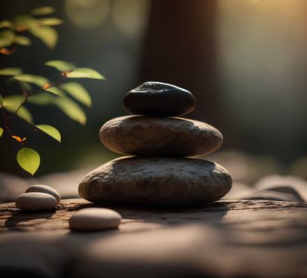 A serene stack of three stones balanced on each other in a tranquil forest setting, with sunlight filtering through leaves.