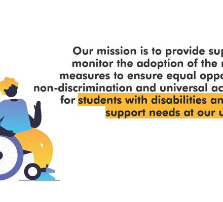 An illustration showing a person in a wheelchair with text about providing support and ensuring equal opportunities for students with disabilities at a university.