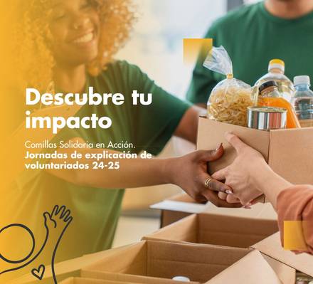 A man and a woman, smiling, participating in a volunteer food packing event with a message in Spanish promoting volunteer action days.