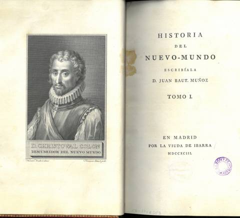 Una ilustración de un libro antiguo titulado 'Historia del Nuevo-Mundo' con un retrato de Cristóbal Colón en la página izquierda.