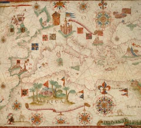 Mapa antiguo del Mediterráneo con ilustraciones de ciudades y símbolos náuticos.