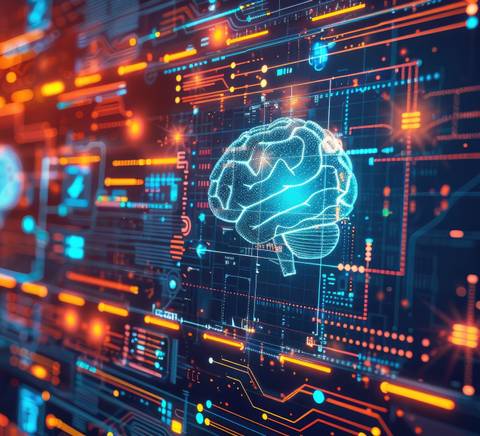 La imagen representa un cerebro digital sobre un fondo tecnológico con circuitos y luces brillantes.
