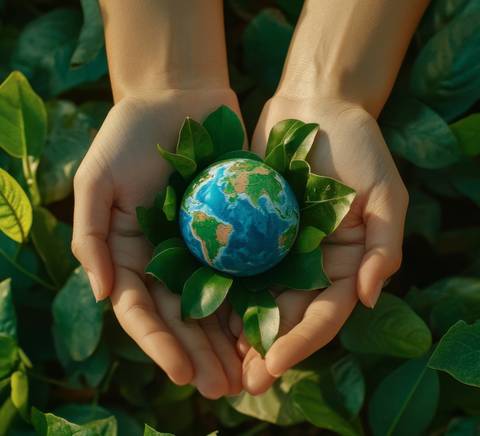 Unas manos sostienen un globo terráqueo rodeado de hojas verdes.