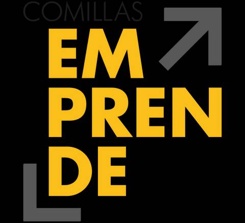 La imagen presenta un diseño centrado en la palabra 'EMPRENDE' en colores amarillo y negro, junto con la palabra 'COMILLAS' en la parte superior.