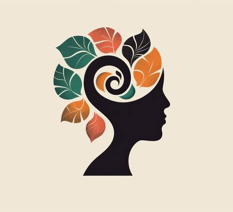 Silhouette de una cabeza femenina con hojas de diferentes colores representando crecimiento y naturaleza.