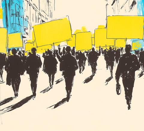 Una multitud marchando con carteles amarillos en un ambiente urbano.
