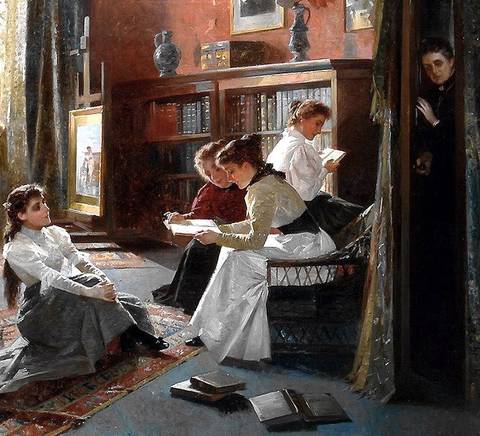 Una escena interior donde varias mujeres leen y conversan en un ambiente acogedor y con decoración clásica.