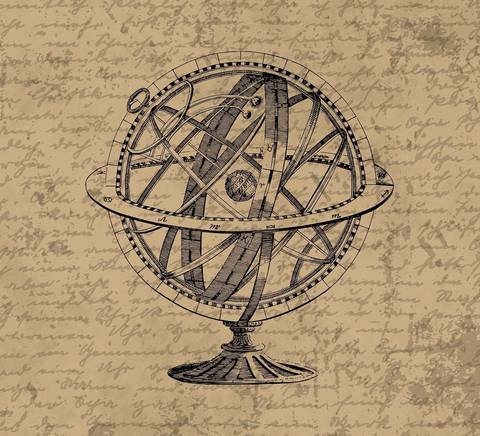 Un antiguo globo terráqueo con órbitas celestes en un fondo de notas manuscritas.