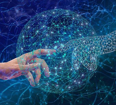 La imagen muestra una representación gráfica de manos humanas que tocan una esfera digital en un fondo tecnológico.