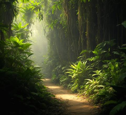 Un sendero rodeado de exuberante vegetación en un ambiente de selva tropical.