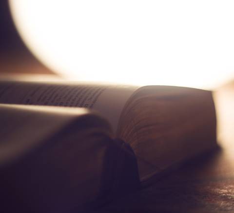Un libro abierto se encuentra en primer plano con una luz difusa en el fondo.