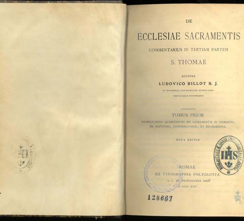 An open book showing a title page in Latin related to sacraments, authored by Ludovico Billot S.J., with stamps and a library code.